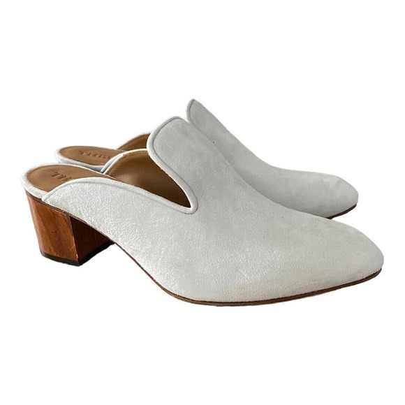 Anthro Thelma Ava Mule Sandals White Suede Leather Block Heel Pointed Slip On 39 - Picture 1 of 6